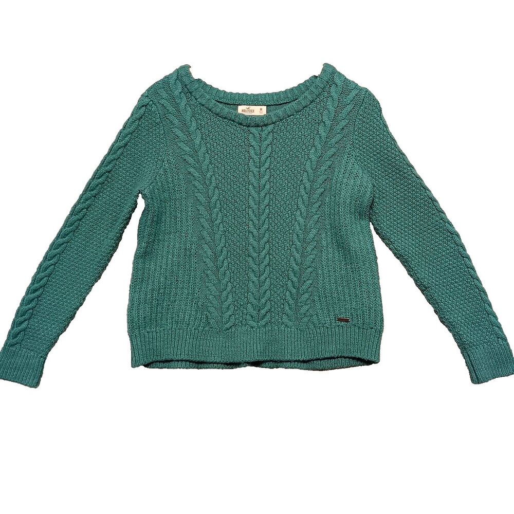 Hollister Women Sz M Green Cropped Cable Knit Long Sleeve Sweater Wool Blend